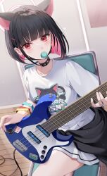 Rule 34 | 1girl, absurdres, animal ears, bass guitar, black choker, black hair, black jacket, black wristband, blue archive, blunt bangs, blunt ends, breasts, cat ears, cat girl, choker, clothes around waist, colored inner hair, commentary, crossed legs, ear down, ear piercing, earrings, electric guitar, extra ears, food, food in mouth, guitar, hair ornament, hairclip, halo, highres, instrument, ion (on01e), jacket, jacket around waist, jewelry, kazusa (band) (blue archive), kazusa (blue archive), looking at viewer, macaron, mask pull, multicolored hair, music, official alternate costume, on chair, piercing, pink hair, pink halo, playing instrument, print shirt, red eyes, reflective floor, ring, shirt, short hair, sitting, skirt, solo, sticker, upper body, white shirt, white skirt
