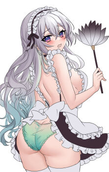 1girl apron ass back bare_shoulders blush breasts butt_crack duster feather_duster firefly_(honkai:_star_rail) frills green_panties grey_hair highres honkai:_star_rail honkai_(series) long_hair looking_at_viewer looking_back maid_headdress medium_breasts open_mouth panties purple_eyes sideboob solo ten-chan_(eternal_s) thighhighs thighs underwear waist_apron white_thighhighs