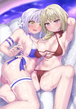 2girls absurdres arm_around_waist arm_behind_head arm_up armpits ass assault_lily asymmetrical_docking bare_legs bare_shoulders bikini blonde_hair blue_bikini blue_choker blunt_bangs blurry blurry_background blush braid braided_ponytail breast_press breasts cameltoe choker closed_mouth collarbone commentary_request feet_out_of_frame flower grey_hair hair_bun hair_flower hair_ornament halterneck hand_on_another's_hip hand_up highres inflatable_raft kon_kanaho large_breasts long_hair looking_at_viewer lying miyagawa_takane multiple_girls navel official_alternate_costume official_alternate_hairstyle on_back on_side open_mouth outdoors pearl_hair_ornament pool purple_eyes red_bikini red_choker saetusum short_hair side-by-side single_braid single_hair_bun spread_legs stomach string_bikini swimsuit thigh_strap water wet white_flower yellow_eyes