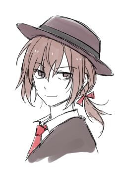 Rule 34 | 1girl, alternate hairstyle, androgynous, black capelet, bow, brown eyes, brown hair, brown hat, capelet, closed mouth, collared shirt, commentary, hair bow, hat, looking at viewer, necktie, re ghotion, red bow, red necktie, shirt, short hair, simple background, sketch, smile, solo, touhou, usami renko, white background, white shirt