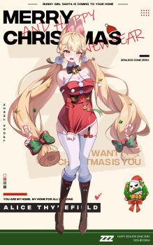 1girl 2025 absurdres alice_thymefield alternate_costume animal_ear_fluff animal_ears bare_shoulders bell blonde_hair blush boots breasts brown_background brown_boots candy_cane_hair_ornament character_name cleavage collarbone commentary_request copyright_name corsa_24 detached_collar detached_sleeves dress dress_tug english_text food-themed_hair_ornament full_body fur-trimmed_boots fur-trimmed_dress fur_trim garter_straps hair_ornament heart heterochromia highres large_breasts long_hair looking_at_viewer low_twintails merry_christmas neck_bell open_mouth rabbit_ears rabbit_girl red_dress red_eyes red_sleeves santa_costume santa_dress solo sphere_hair_ornament star_(symbol) star_hair_ornament strapless strapless_dress thighhighs twintails twitter_username white_thighhighs yellow_eyes zenless_zone_zero