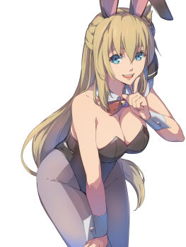 Rule 34 | 1girl, agnes claudel, animal ears, bare shoulders, bent over, black leotard, black ribbon, blonde hair, blue eyes, breasts, chiharu (9654784), chinese zodiac, cleavage, collarbone, commentary request, detached collar, eiyuu densetsu, finger to mouth, grey pantyhose, hair ribbon, hand on own knee, happy new year, highres, kuro no kiseki (series), large breasts, leotard, long hair, nengajou, new year, open mouth, pantyhose, playboy bunny, rabbit ears, ribbon, shushing, simple background, smile, solo, strapless, strapless leotard, very long hair, white background, wrist cuffs, year of the rabbit