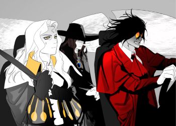 3boys alucard_(castlevania) alucard_(hellsing) ascot black_coat black_gloves black_hair brown_hair car_interior castlevania_(series) clenched_hands clenched_teeth coat collared_shirt d_(vampire_hunter_d) ddb_000 driving fang gloves hat hellsing highres long_hair male_focus multiple_boys nose_bubble orange-tinted_eyewear parted_bangs red_ascot red_coat seatbelt shirt sitting sun_hat sunglasses sweatdrop teeth tinted_eyewear vampire vampire_hunter_d wavy_hair white_ascot white_hair white_shirt wide_brim yellow_eyes