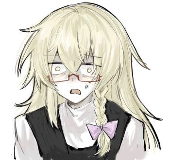 1girl black_vest blonde_hair bow braid commentary_request constricted_pupils cookie_(touhou) highres open_mouth purple_bow red-framed_eyewear shirt side_braid single_braid sixsec6ndzlater uzuki_(cookie) vest white_background white_shirt yellow_eyes