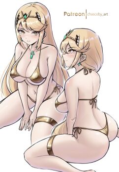 Rule 34 | 1girl, absurdres, ass, bikini, blonde hair, breasts, chascoby, chest jewel, commentary, core crystal (xenoblade), earrings, gem, gold bikini, green gem, highres, jewelry, large breasts, long hair, looking at viewer, multiple views, mythra (xenoblade), navel, side-tie bikini bottom, simple background, sitting, swimsuit, thigh strap, tiara, wariza, white background, xenoblade chronicles (series), xenoblade chronicles 2, yellow eyes