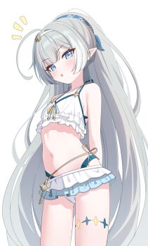 1girl :o absurdres ahoge arms_behind_back bare_shoulders bikini bikini_skirt blue_eyes breasts commentary cowboy_shot extra_pupils female_tyrant_(stella_sora) frilled_bikini frills grey_hair high_ponytail highres huge_ahoge key long_hair looking_at_viewer navel notice_lines official_alternate_costume open_mouth pointy_ears ponytail sideboob simple_background small_breasts solo standing stella_sora stomach suisen_(suisenhwa) swimsuit thigh_gap thighs tyrant_(stella_sora) very_long_hair white_background white_bikini