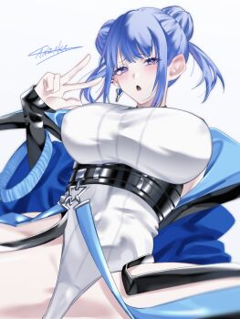 1girl bare_shoulders blue_hair blue_jacket breasts covered_erect_nipples cowboy_shot double_bun duel_monster evil_twin_lil-la hair_bun highleg highleg_leotard highres huge_breasts jacket leotard lil-la_(yu-gi-oh!) off_shoulder purple_eyes sanzakasun signature simple_background solo spread_legs w white_background white_leotard yu-gi-oh!