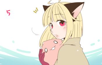 Rule 34 | 1girl, :3, acolyte (ragnarok online), animal ears, blonde hair, blunt bangs, blush, brown capelet, capelet, cat ears, cat girl, closed mouth, commentary request, creature, expressionless, gloves, holding, holding creature, iyofika, lowres, notice lines, poring, ragnarok online, ragnarok origin, red eyes, red gloves, short hair, slime (creature), solo, upper body, white background