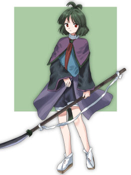 Rule 34 | 1other, adagumo no saragimaru, androgynous, anime coloring, baggy shorts, bare legs, black shirt, blue shorts, blue vest, blunt bangs, brown sandals, buttons, capelet, closed mouth, commentary request, dot nose, full body, fur scarf, green background, green hair, hair ornament, hand on lap, high ponytail, highres, holding, holding polearm, holding weapon, japanese clothes, knees, kurokoge karubi, len'en, light frown, long sleeves, naginata, necktie, other focus, polearm, ponytail, purple capelet, red eyes, red necktie, sandals, scarf, shadow, shirt, short hair, short ponytail, shorts, sleeves past wrists, snake hair ornament, snake tail, socks, solo, split ponytail, standing, tail, two-tone background, vest, weapon, white background, white scarf, white socks, wide sleeves