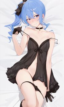 1girl alternate_costume averting_eyes babydoll bed_sheet black_babydoll black_choker black_gloves black_panties black_socks blue_eyes blue_hair bow breasts choker closed_mouth commentary english_commentary gloves hair_between_eyes hair_bow half_gloves highres hololive hoshimachi_suisei knee_up lace lace-trimmed_babydoll lace_panties lace_trim long_hair lying navel on_back panties panty_pull serelith side_ponytail small_breasts socks solo spaghetti_strap stomach strap_pull strap_slip thighs underwear virtual_youtuber