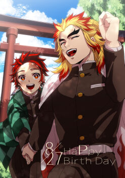 Rule 34 | 2boys, :d, ^ ^, belt, belt buckle, black jacket, black pants, blonde hair, blue sky, buckle, cape, checkered haori, clenched hand, closed eyes, cloud, colored tips, commentary request, dated, day, demon slayer uniform, earrings, english text, flame print, forked eyebrows, green haori, hanafuda earrings, haori, happy birthday, hashimoto (yanagi-momo), holding hands, jacket, japanese clothes, jewelry, kamado tanjirou, kimetsu no yaiba, long hair, long sleeves, looking at another, male focus, multicolored hair, multiple boys, open mouth, outdoors, pants, red eyes, red hair, rengoku kyoujurou, scar, scar on face, scar on forehead, short hair, sky, smile, streaked hair, thick eyebrows, torii, tree, two-tone hair, white belt, white cape, yaoi
