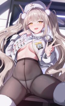 1girl black_pantyhose blanc_(fortune_express)_(nikke) blanc_(nikke) breasts coat commentary_request covered_navel goddess_of_victory:_nikke hat highres long_hair looking_at_viewer medium_breasts official_alternate_costume official_alternate_hairstyle panties panties_under_pantyhose pantyhose solo underwear very_long_hair w white_coat white_hair white_hat white_panties winter_clothes winter_coat yellow_eyes zuikillme