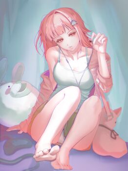 1girl absurdres alternate_costume animal_bag barefoot cat_bag closed_mouth danganronpa_(series) danganronpa_2:_goodbye_despair earphones hair_ornament highres holding holding_earphones jacket medium_hair nanami_chiaki open_clothes open_jacket panties pink_bag pink_eyes pink_hair pink_jacket single_bare_shoulder sitting skirt solo tunana underwear usami_(danganronpa) white_panties