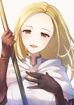 1girl :d blonde_hair brown_eyes brown_gloves cloak commentary_request dress elbow_gloves floating_hair gloves hand_on_own_chest highres holding holding_staff long_hair looking_at_viewer octopath_traveler octopath_traveler_i open_mouth ophilia_clement parted_hair sleeveless sleeveless_dress smile solo staff tarayuki upper_body white_background white_cloak white_dress