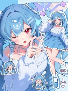 1girl bao_the_whale blue_hair blue_nails blue_shoes blue_skirt cetacean_tail chibi closed_eyes closed_mouth fins fish_tail hair_ribbon heart high-waist_skirt highres ichiko_1234 indie_virtual_youtuber jewelry legs long_sleeves looking_at_viewer multiple_views necklace one_eye_closed open_mouth pearl_necklace red_eyes ribbon shoes skirt sweater tail thighs twintails v v_over_eye virtual_youtuber whale_girl white_ribbon white_sweater