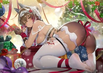 1girl all_fours animal_ears ass bound bound_wrists box braid breasts brown_hair christmas christmas_ornaments christmas_present christmas_tree commentary_request dark-skinned_female dark_skin fake_animal_ears gift gift_box gloves gradient_hair highres large_breasts looking_at_viewer mauxir_(snowbreak) multicolored_hair parted_lips purple_hair ribbon ribbon_bondage sideboob single_glove snowbreak:_containment_zone solo teddypocky thighhighs two-tone_hair white_thighhighs yellow_eyes