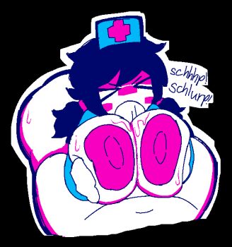 &gt;_&lt; 1boy 1girl ass black_background blue_hair breasts ghost_suburb_(series) ghost_suburb_ii hat hetero huge_breasts navel nipples nurse nurse_cap nurse_okay paizuri penis pov short_twintails simple_background sound_effects speech_bubble sweat tacoman twintails