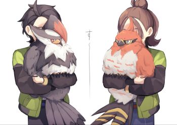 1boy 1girl beak bird black_hair black_pants blue_pants brown_hair closed_mouth commentary_request gen_4_pokemon gen_6_pokemon green_jacket hair_bun harmony_(pokemon) highres holding holding_pokemon hug jacket long_sleeves mukomaru nintendo open_clothes open_jacket pants paxton_(pokemon) pokemon pokemon_(creature) pokemon_legends:_z-a red_eyes shirt short_hair simple_background staraptor talonflame talons white_background white_shirt