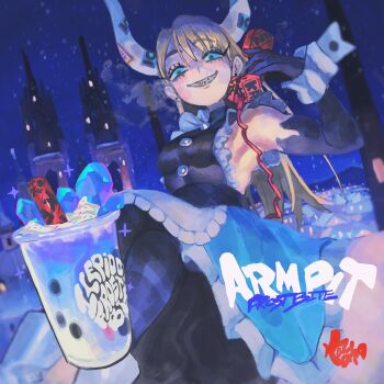 Rule 34 | ankle boots, apron, armpits, arms up, black gloves, blonde hair, blue dress, blue eyes, blue gem, boots, braces, breasts, breath, corded phone, crystal, cup, disposable cup, dress, drinking straw, earrings, elbow gloves, english text, facial mark, frilled apron, frills, full body, gem, gloves, grin, hand up, heart, heart facial mark, highres, holding, holding phone, horns, ice, jewelry, keziedra, long eyelashes, long hair, long horns, looking at viewer, maid, medium breasts, night, original, outdoors, pantyhose, phone, sharp teeth, sideless dress, sky, sleeveless, sleeveless dress, smile, snowing, sticker on horn, stud earrings, tapioca (keziedra), teeth, tower, waitress, white boots, white horns, winter, wrist cuffs