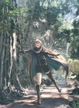 1girl :d absurdres ahoge alternate_costume belt boots brown_cape brown_cloak brown_eyes brown_hair brown_shorts cape cloak crossed_bangs dagger feather_hair_ornament feathers forest gloves hair_ornament highres hololive hololive_english knee_boots kneehighs knife long_hair multicolored_hair nanashi_mumei nature open_mouth partially_fingerless_gloves path peacoat ponytail ribbon road shorts single_kneehigh single_sock single_thighhigh smile socks streaked_hair teeth thighhighs tight_(ohmygod) upper_teeth_only very_long_hair virtual_youtuber weapon