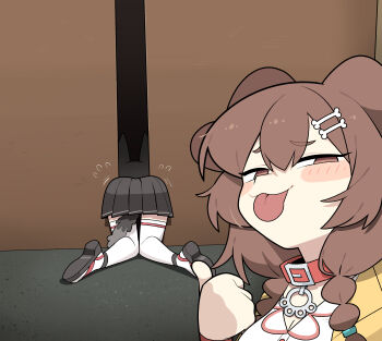 absurdres animal_ears blush bone_hair_ornament braid brown_eyes brown_hair cocomayo29_(tomato) collar dog_ears dog_girl hair_between_eyes hair_ornament hairclip highres hololive inugami_korone multiple_girls ookami_mio stuck tail tongue tongue_out twin_braids virtual_youtuber wolf_girl wolf_tail