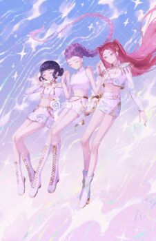 Rule 34 | 3girls, ^ ^, black hair, blunt bangs, boots, braid, braided ponytail, closed eyes, commentary, cropped jacket, earrings, epaulettes, full body, highres, holding hands, jewelry, kpop demon hunters, long hair, mira (kpop demon hunters), multiple girls, pink hair, purple hair, rumi (kpop demon hunters), sample watermark, shorts, sidelocks, skirt, sleeveless, stariwei, turtleneck, twintails, twitter username, watermark, white boots, white shorts, white skirt, zoey (kpop demon hunters)