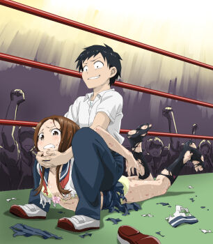 Rule 34 | 1boy, 1girl, artist request, black hair, bra, brown eyes, brown hair, feet, fighting, highres, injury, karakai jouzu no takagi-san, long hair, nishikata, ryona, short hair, soles, takagi-san, toes, torn clothes, torn legwear, underwear