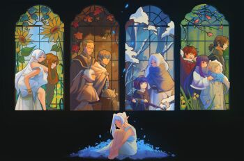 3girls 5boys autumn_leaves bare_tree beard black_background black_cloak blue_flower blue_scarf blunt_bangs bow braid brown_hair cape capelet carrying child cigarette cloak closed_eyes closed_mouth commentary dress dwarf eisen_(sousou_no_frieren) elf english_commentary everyone facial_hair fake_horns fern_(sousou_no_frieren) flamme_(sousou_no_frieren) flower frieren fur-trimmed_jacket fur_trim glasses grin hair_bow hair_down half_updo hand_in_pocket hand_on_another&#039;s_head hand_on_another&#039;s_shoulder hands_up hanromi headpat heiter helmet highres himmel_(sousou_no_frieren) holding holding_staff horned_helmet horns hugging_own_legs jacket leaf long_hair long_sleeves looking_at_another mage_staff medium_hair multiple_boys multiple_girls multiple_views official_alternate_costume official_alternate_hairstyle one_eye_closed open_mouth orange_hair piggyback pointy_ears ponytail purple_hair purple_jacket purple_scarf rectangular_eyewear red_bow red_hair red_shirt scarf seasons sein_(sousou_no_frieren) shirt short_hair simple_background single_braid sitting sleeveless sleeveless_dress smile snow sousou_no_frieren staff stained_glass stark_(sousou_no_frieren) straight_hair sunflower tree very_long_hair very_short_hair white_cape white_capelet white_dress white_hair yawning yellow_flower
