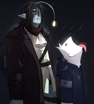 2boys anglerfish_boy ascot black_background black_hair blue_eyes blue_skin br_not_here brown_coat coat colored_skin commentary crying english_commentary extra_eyes fins goku_and_vegeta_in_the_rain_(meme) head_fins illicium male_focus meme merman monster_boy multiple_boys player_character_(roblox) pressure_(roblox) rain roblox sebastian_solace short_hair tongue tongue_out white_ascot white_skin