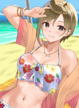 1girl aiba_yumi beach bikini blue_sky bracelet breasts brown_eyes brown_hair commentary_request fascinate_kyrie floral_print floral_print_bikini grin highres idolmaster idolmaster_cinderella_girls jewelry looking_at_viewer medium_breasts multiple_bracelets navel necklace open_clothes print_bikini short_hair sky smile solo stomach swimsuit upper_body white_bikini