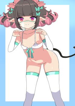1girl :3 absurdres angels_of_delusion bikini bikini_top_only black_hair blue_border blunt_bangs border bottomless bow bra breasts claw_pose closed_mouth collarbone commentary demon_girl demon_tail detached_sleeves feet_out_of_frame flat_chest front-tie_bikini_top front-tie_top green_bow hair_bow hands_up highres leaning_forward loli looking_at_viewer mask medium_hair mihoyo mouth_veil multicolored_hair nangong_yu navel nipples pink_hair pointy_ears red_eyes redpmb small_breasts smile solo standing swimsuit tail thighhighs twintails two-tone_hair underwear v-shaped_eyebrows veil white_background white_bikini white_bra white_sleeves white_thighhighs zenless_zone_zero
