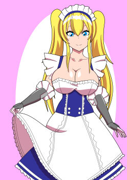 absurdres apron arm_guards azur_lane belfast_(azur_lane) belfast_(azur_lane)_(cosplay) blonde_hair blue_corset blue_eyes blue_skirt breasts cleavage commentary_request corset cosplay dress exexe frilled_gloves frills gloves highres horie_yui large_breasts long_hair looking_at_viewer maid maid_headdress north_carolina_(azur_lane) sidelocks skirt skirt_hold smile twintails voice_actor_connection white_apron white_dress white_gloves