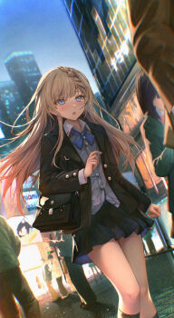 1girl blonde_hair blue_eyes blush braid highres long_hair mahou_shoujo_no_majo_saiban open_mouth ribbon road saeki_miria school_uniform single_braid skirt socks solo_focus street walking yuye