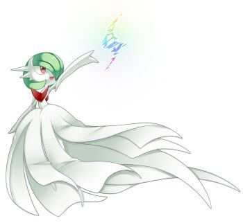 1girl absurdres arm_up bare_shoulders bob_cut colored_skin dress elbow_gloves female_focus flat_chest full_body gardevoir gen_3_pokemon gloves green_hair hair_over_one_eye happy highres looking_up lotosu mega_evolution mega_gardevoir mega_pokemon nintendo no_feet open_mouth outstretched_arm pokemon pokemon_(creature) red_eyes short_hair simple_background smile solo standing strapless strapless_dress white_background white_dress white_gloves white_skin