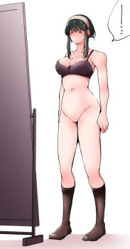 ... 1girl arms_at_sides bikini black_hair bra breasts brown_bra brown_socks cleavage closed_mouth commentary_request dateren full-length_mirror full_body hairband highres large_breasts looking_at_mirror mirror navel no_pussy orange_eyes side-tie_bikini_bottom sidelocks socks solo spoken_ellipsis spy_x_family standing swimsuit underwear underwear_only white_hairband yor_briar