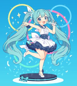1girl :d blue_archive blue_eyes blue_hair blue_sailor_collar bow commentary dress full_body hatsune_miku hatsune_miku_(blue_archive) holding holding_microphone long_hair microphone official_alternate_costume onyhakase open_mouth sailor_collar sailor_dress shoes sleeveless sleeveless_dress smile solo standing standing_on_one_leg twintails very_long_hair vocaloid white_dress white_shoes