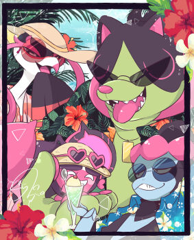 aqua_jacket blue_sky blush blush_stickers border brown_hat cherry closed_eyes clothed_pokemon commentary_request cup day dessert eyewear_on_headwear fezandipiti flower food fruit glass green_jacket grin hat heart heart-shaped_eyewear highres holding holding_cup ice_cream jacket leaf_print mohumohuyarou munkidori nintendo okidogi open_clothes open_jacket open_mouth outdoors pecharunt pokemon pokemon_(creature) pokemon_focus print_jacket purple-framed_eyewear red-tinted_eyewear red_flower round_eyewear sharp_teeth sky smile spoon sun_hat sunglasses teeth tinted_eyewear tongue tongue_out white_flower
