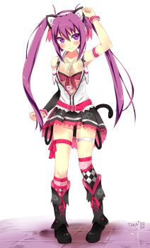 1girl animal_ears arm_up armband asymmetrical_legwear asymmetrical_sleeves beatmania_iidx belt bemani bikini bikini_top_only black_boots black_skirt black_sleeves blouse blush boots breasts cat_ears cat_tail cleavage collarbone fake_animal_ears female_focus floating_hair front-tie_bikini_top front-tie_top full_body hairband highres knee_boots kneehighs leg_ribbon long_hair looking_at_viewer looking_up medium_breasts miniskirt mizushiro_celica mizushiro_celica_(punk_cat) necktie open_clothes open_shirt pink_socks pleated_skirt purple_eyes purple_hair red_bikini red_ribbon ribbon see-through_clothes shirt simple_background single_sleeve skirt sleeveless sleeveless_shirt smile socks solo standing swimsuit tail takai_seika thigh_ribbon thigh_strap twintails uneven_legwear uneven_sleeves very_long_hair white_background white_hairband white_shirt wristband