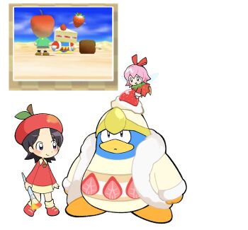 1boy 2girls adeleine apple beak beret black_hair blue_eyes blush coat derivative_work fairy fairy_wings food food_print fruit fruit_print fur_trim hat highres holding holding_paintbrush king_dedede kirby_(series) kirby_64 multiple_girls nintendo open_mouth paintbrush pink_hair reference_inset ribbon_(kirby) screenshot_inset screenshot_redraw shoes skirt smile socks standing strawberry strawberry_print whipped_cream white_background wings