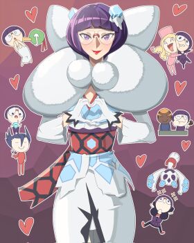 @_@ absurdres boned_meat caitlin_(pokemon) exceedxatu food froslass gen_2_pokemon gen_4_pokemon glasses gloves grimsley_(pokemon) heart heart_hands highres hug lipstick looking_at_viewer makeup marshal_(pokemon) meat nintendo official_alternate_costume outline pokemon pokemon_(creature) pokemon_bw pokemon_masters_ex purple_eyes purple_hair shauntal_(fall_2024)_(pokemon) shauntal_(pokemon) solo_focus sparkle white_gloves white_outline xatu