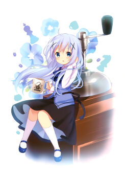 1girl :o absurdres blue_eyes blush chess_piece chestnut_mouth coffee_beans coffee_grinder coffee_pot female_focus floral_background gochuumon_wa_usagi_desu_ka? hair_ornament hand_in_own_hair highres holding kafuu_chino koi_(koisan) long_hair looking_at_viewer mary_janes rabbit_house_uniform shoes solo tippy_(gochiusa) tippy_(gochuumon_wa_usagi_desuka?) waitress white_legwear x_hair_ornament