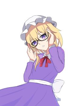 1girl adjusting_eyewear back_bow black-framed_eyewear blonde_hair bow collared_dress commentary contrast_collar dress glasses hat highres long_sleeves looking_at_viewer maribel_hearn medium_hair mob_cap neck_ribbon open_mouth purple_dress purple_eyes red_ribbon ribbon simple_background sleeve_cuffs solo standing touhou user_hyas3382 white_background white_bow white_hat