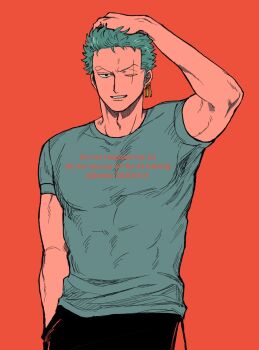 1boy arm_up black_pants blue_shirt commentary_request covered_abs covered_pectorals crew_neck earrings green_hair hand_in_pocket hand_on_own_head highres jewelry looking_at_viewer male_focus one_piece pants pectorals piercing red_background roronoa_zoro scar scar_across_eye scar_on_face shido shirt short_hair short_sleeves simple_background smile solo teeth watermark