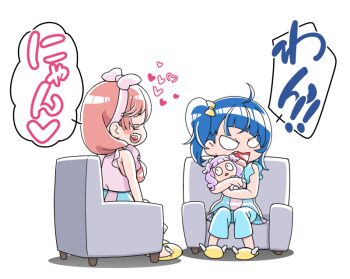 Rule 34 | 3girls, armchair, baby carry, blank eyes, blue eyes, blue hair, blue pants, blue shirt, carrying, chair, commentary, cut bangs, ellee-chan, facing another, fang, frown, hair over shoulder, hairband, hirogaru sky! precure, kohsaka jun, long hair, looking at another, medium hair, multiple girls, nightgown, nijigaoka mashiro, on chair, open mouth, pajamas, pants, pink hair, pink hairband, pink nightgown, precure, purple hair, sandals, shirt, side ponytail, single sidelock, sitting, sleepwear, smile, sora harewataru, translated, two side up, v-shaped eyes, white background, yellow sandals