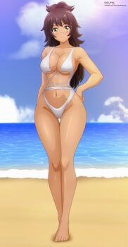 1girl barefoot beach black_hair blush borrowed_character breasts cleavage cloud collarbone commission dark_skin grey_one-piece_swimsuit hand_on_own_hip high_ponytail large_breasts long_hair looking_at_viewer navel ocean one-piece_swimsuit original ponytail sand sky smile standing swimsuit water yellow_eyes zel-sama
