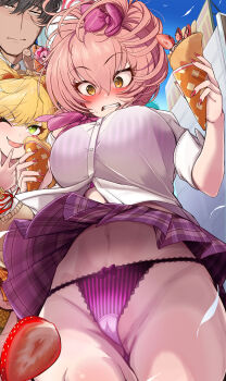 1boy 2girls ;p absurdres accidental_exposure blonde_hair bra bra_visible_through_clothes cameltoe crepe embarrassed falling_feathers feathers fingernails food fruit gluteal_fold gyaru highres holding holding_crepe holding_food idolmaster idolmaster_cinderella_girls jougasaki_mika jougasaki_rika kogal leopard_print leopard_print_panties looking_at_another looking_down morino_shoutarou multiple_girls nail_polish navel one_eye_closed outdoors panties pink_hair plaid_clothes plaid_skirt pleated_skirt print_panties producer_(idolmaster) producer_(idolmaster_cinderella_girls_anime) purple_bra purple_skirt school_uniform shirt skirt stomach strawberry strawberry_slice striped_bra striped_clothes striped_panties sweatdrop thong tongue tongue_out underwear upskirt vertical-striped_bra vertical-striped_clothes vertical-striped_panties white_shirt wind