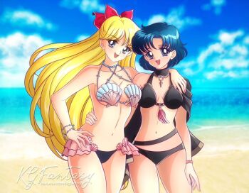 2girls aino_minako beach bikini bishoujo_senshi_sailor_moon blonde_hair blue_eyes blue_hair blue_sky bow breasts byleth_(fire_emblem) cloud cosplay female_byleth_(fire_emblem) female_byleth_(fire_emblem)_(cosplay) female_corrin_(fire_emblem) female_corrin_(fire_emblem)_(cosplay) fire_emblem hand_on_another's_shoulder hand_on_own_hip intelligent_systems kgfantasy long_hair looking_at_viewer medium_breasts mizuno_ami multiple_girls nintendo ocean red_bow sand shell shell_bikini sky swimsuit very_long_hair water