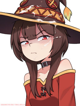 1girl absurdres annoyed artist_name bare_shoulders belt_collar blush brown_collar brown_hair button_eyes buttons collar collarbone commentary cum cum_on_body cum_on_headwear dress english_commentary facial frown hat highres kono_subarashii_sekai_ni_shukufuku_wo! megumin off-shoulder_dress off_shoulder red_dress red_eyes short_hair_with_long_locks simple_background solo tobias_wheller upper_body white_background witch_hat