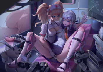 2girls absurdres after_fingering anal_beads animal_hair_ornament anus arrow_(symbol) ass bdsm bear_hair_ornament bed blonde_hair blue_eyes blunt_bangs bondage bound bound_legs braid breast_press breasts cat_o&#039;_nine_tails chinese_commentary chinese_text cleavage cleavage_cutout clothing_cutout collared_shirt cross danganronpa:_trigger_happy_havoc danganronpa_(series) dildo enoshima_junko female_focus gloves gynecology_chair h.an_(516635864) hair_ornament hair_ribbon hat heart highres holding holding_pointer hospital hospital_bed indoors jacket kirigiri_kyoko kneehighs large_breasts light_purple_hair long_hair looking_at_another mars_symbol miniskirt monokuma multiple_girls naegi_makoto navel necktie nurse_cap open_clothes open_jacket open_mouth orange_necktie pleated_skirt pointer purple_eyes purple_jacket purple_ribbon purple_skirt red_cross restrained ribbon sex_toy shirt short_sleeves skirt smile socks sweat symmetrical_docking television tray twintails underboob vaginal venus_symbol whip white_gloves white_headwear white_shirt white_socks yuri zipper zipper_pull_tab