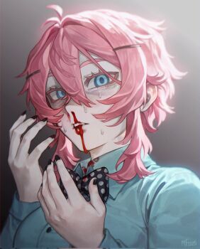 1girl 2025 antenna_hair backlighting bags_under_eyes black_bow black_bowtie black_nails blood blood_from_mouth blue_eyes blue_shirt blurry bow bowtie breasts buttons clenched_teeth collared_shirt colored_eyelashes commentary corrupted_twitter_file crossed_bangs depth_of_field double-parted_bangs english_commentary film_grain flipped_hair flipped_sidelocks from_below grey_background hair_between_eyes hair_ornament hands_up highres long_sleeves looking_at_viewer mary_felizola nail_polish nosebleed original parted_lips pink_hair polka_dot polka_dot_bow polka_dot_bowtie portrait raburi_(mary_felizola) shirt short_hair sidelocks signature simple_background small_breasts solo sweat teeth traditional_bowtie white_bow white_bowtie